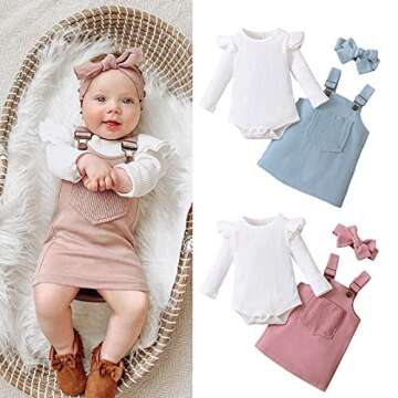 Kupretty Newborn Baby Girl Fall Clothes Ruffle Long Sleeve Ribbed Romper Corduroy Suspender Skirts Infant Overalls Dress Outfits (Pink, 3-6 Months)