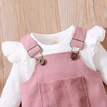 Kupretty Newborn Baby Girl Fall Clothes Ruffle Long Sleeve Ribbed Romper Corduroy Suspender Skirts Infant Overalls Dress Outfits (Pink, 3-6 Months)
