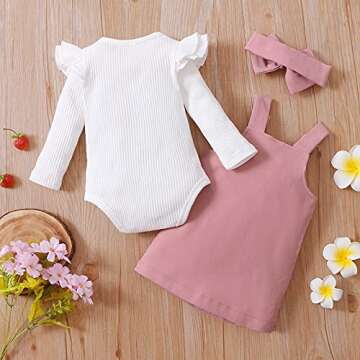Kupretty Newborn Baby Girl Fall Clothes Ruffle Long Sleeve Ribbed Romper Corduroy Suspender Skirts Infant Overalls Dress Outfits (Pink, 3-6 Months)