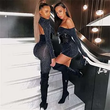 Atyfuniby Women's Sexy Bodycon Jumpsuits See Through Sparkly Sheer Long Sleeve Backless Club Skinny Shiny One Piece Outfits Clubwear Black and Silver Large