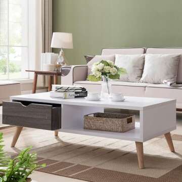 HOMES: Inside + Out Katalena Modern Mid-Century 1-Drawer Two-Tone Coffee Table with Dual-Sided Open Shelf Storage, 47", Gray and White