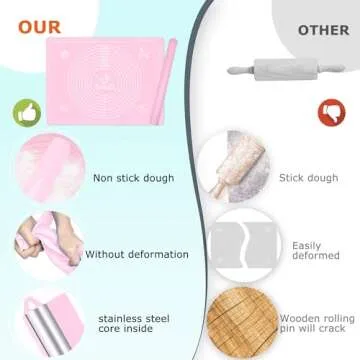 Rolling Pin Silicone Baking Pastry Mat Set,Pizza Dough Roller Baking Mat for Rolling Dough Non Slip Extra Large with Measure,Kitchen Counter Mat for Pie,Crust,Cookies,Bread,Pastries,Pasta, 15.7" x 24"