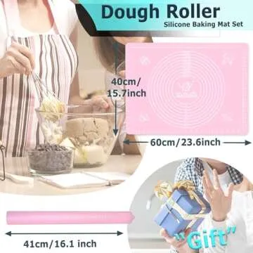 Rolling Pin Silicone Baking Pastry Mat Set,Pizza Dough Roller Baking Mat for Rolling Dough Non Slip Extra Large with Measure,Kitchen Counter Mat for Pie,Crust,Cookies,Bread,Pastries,Pasta, 15.7" x 24"