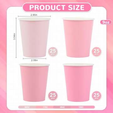 AimFun 100 Pcs Pink Paper Cups 9oz Gradient Pink Party Cups Disposable Coffee Cups Valentine's Day B...