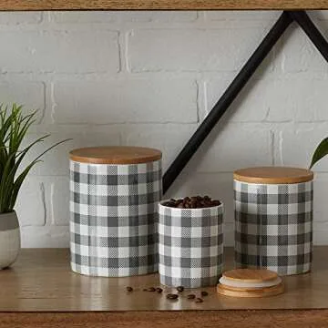 DII Ceramic Canister Sets for the Kitchen Food Safe Storage Containers with Lids, Large, Medium & Small, Buffalo Check, Gray & White, 3 Count