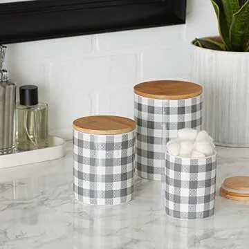 DII Ceramic Canister Sets for the Kitchen Food Safe Storage Containers with Lids, Large, Medium & Small, Buffalo Check, Gray & White, 3 Count