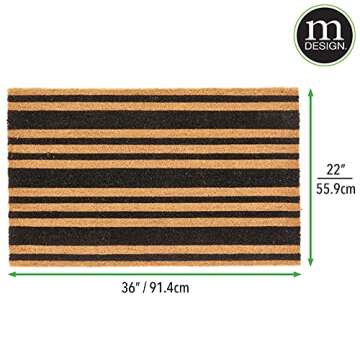 mDesign Rectangular Coir and Rubber Entryway Doormat with Natural Fibers for Indoor or Outdoor Use - Neutral Design - Stripe Design - Minimalistic - 36" x 22" - Natural/Black