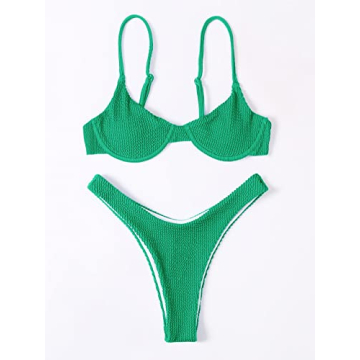 Stylish MakeMeChic Women's High Cut Bikini Set in Green