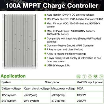 OOYCYOO MPPT Charge Controller 100 amp 12V/24V Auto, 100A Solar Panel Charge Regulator with Blacklig...