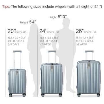 Hanke 24 Inch Checked Luggage with Spinner Wheels PC Hard Shell Suitcases Top Open Aluminum Frame Travel Luggage Rolling Suitcase for Woman Men.(Grey)