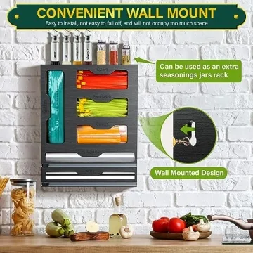 KOCWELL Bamboo Bag Organizer & Plastic Wrap Dispenser