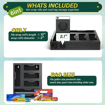 KOCWELL Bamboo Bag Organizer & Plastic Wrap Dispenser