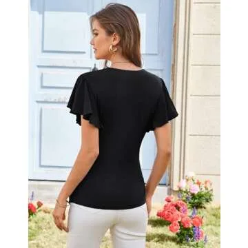 Ruffle Tops for Women Summer Short Sleeve Wrap Blouse Casual V Neck Ruched Shirts Tee Dressy Top Black M
