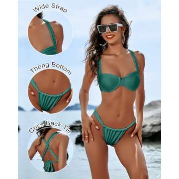 GirlsUpto Women Sexy Underwire 2 Piece Bikini Sets Lace Up Swimsuit Ruched Cross Back Brazilian High Cut Thong Bathing Suit
