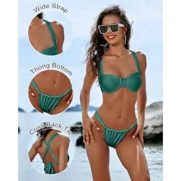 GirlsUpto Women Sexy Underwire 2 Piece Bikini Sets Lace Up Swimsuit Ruched Cross Back Brazilian High Cut Thong Bathing Suit