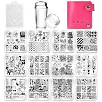 Biutee Nail Stamping Plates Set - 12 Designs, Stamper & Scraper Included