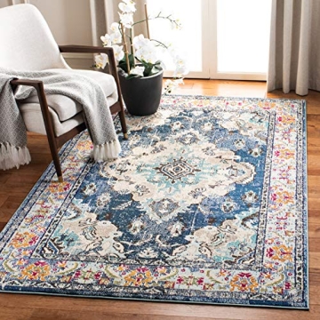 SAFAVIEH Monaco Collection Area Rug - 6'7" x 9'2", Navy & Light Blue, Boho Chic Medallion Distressed...