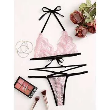 WDIRARA Women's Lace Halter Criss Cross Lingerie Sets Sexy Stretch Bra and Panty Pink S