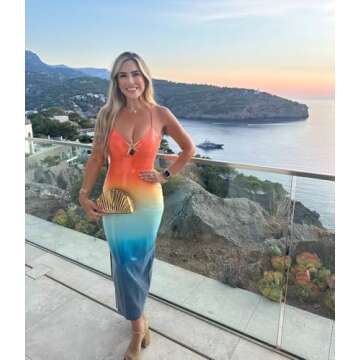 XIUMAO Orange Blue Sequin Prom Dresses for Womens 2025 Spaghetti Straps Bodycon Cocktail Dresses Gradient Color Mermaid V Neck Beach Cocktail Dresses for Women Vacation S Orange Blue