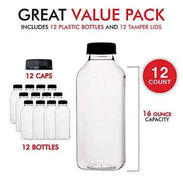 Empty Plastic Juice Bottles Bulk with Caps for Juicing & Smoothies, Reusable Clear , 16 Ounce Drink ...