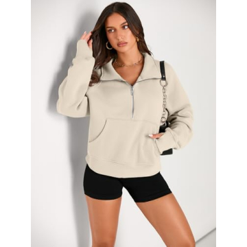 AUTOMET Women's Sweatshirts Half Zip Cropped Pullover Fleece - Perfect for Fall Style in Beige XX-Sm...