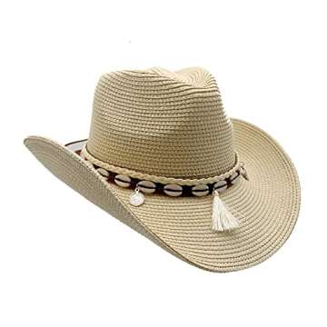 Western Straw Cowboy Hat for Women Beach Sun Hat for Men Wide Brim Fedora Hat Cowgirl Hats Summer Panama Hat Beige