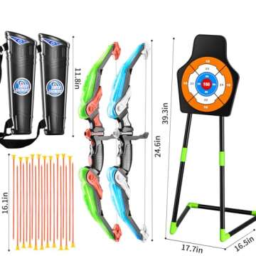TEMI 2 Pack Archery Set - Includes 2 Bows, 20 Suction Cup Arrows & 2 Quivers & Standing Target, Outd...