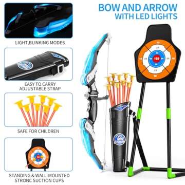 TEMI 2 Pack Archery Set - Includes 2 Bows, 20 Suction Cup Arrows & 2 Quivers & Standing Target, Outdoor Light Up Toys for Kids Boys Girls