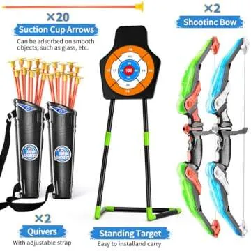 TEMI 2 Pack Archery Set - Includes 2 Bows, 20 Suction Cup Arrows & 2 Quivers & Standing Target, Outdoor Light Up Toys for Kids Boys Girls