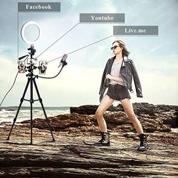 B-Land 10" Ring Light with Tripod Stand & 3 Phone Holders & Flexible Clip Microphone Holder for Multicam Live Stream, LED YouTube Lighting Kit Photo Light for Videos & Photography