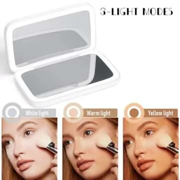 Travel Makeup Mirror -1x/8x Magnifying Mirror- 3 Color Lighting with LED - Pocket Mirror Double Sided Dimmable USB Recharaeable Touch Screen Portable Compact Travel Essential (White)