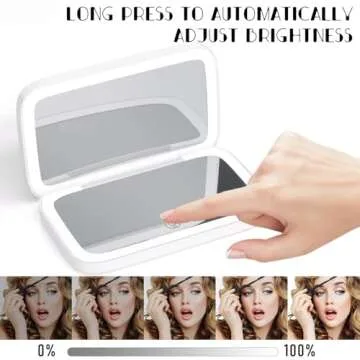 Travel Makeup Mirror -1x/8x Magnifying Mirror- 3 Color Lighting with LED - Pocket Mirror Double Sided Dimmable USB Recharaeable Touch Screen Portable Compact Travel Essential (White)
