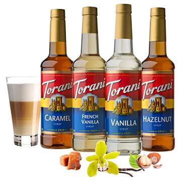 Torani Variety Pack Caramel, French Vanilla, Vanilla & Hazelnut Syrups (4 x 25.4 oz) + Torani Syrup Pump (750 ML)