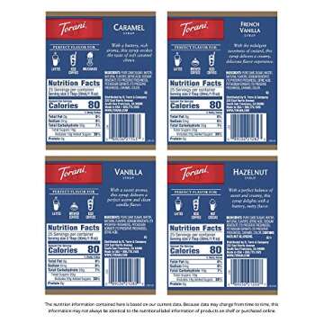 Torani Variety Pack Caramel, French Vanilla, Vanilla & Hazelnut Syrups (4 x 25.4 oz) + Torani Syrup Pump (750 ML)