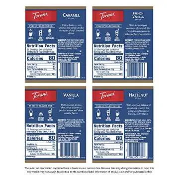 Torani Variety Pack Caramel, French Vanilla, Vanilla & Hazelnut Syrups (4 x 25.4 oz) + Torani Syrup Pump (750 ML)