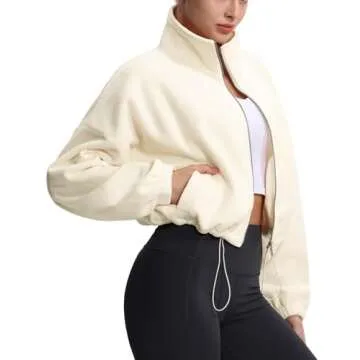THE GYM PEOPLE Women's Fleece Cropped Jacket Full Zip Stand Collar Workout Short Sherpa Coats with Pockets Drawstring Hem