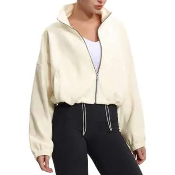 THE GYM PEOPLE Women's Fleece Cropped Jacket Full Zip Stand Collar Workout Short Sherpa Coats with Pockets Drawstring Hem
