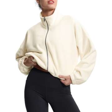 THE GYM PEOPLE Women's Fleece Cropped Jacket Full Zip Stand Collar Workout Short Sherpa Coats with Pockets Drawstring Hem