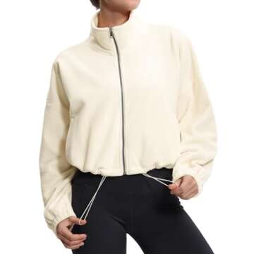THE GYM PEOPLE Women's Fleece Cropped Jacket Full Zip Stand Collar Workout Short Sherpa Coats with Pockets Drawstring Hem