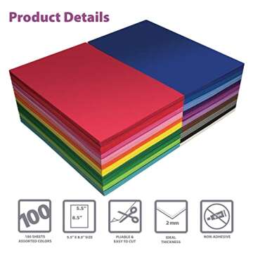 Better Office Products 100 Pack EVA Foam Sheets, 5.5 x 8.5 Inch, Assorted Colors (20 Colors), 2mm Thick, for Arts and Crafts, 100 Sheets