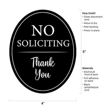 All Hung Up 4" x 5" No Soliciting Sign for House, 3M Self-Adhesive for Door,Window,Wall, Durable Quality Finished Aluminum Metal Surface, Home,Business,Office, Thank You, Black Oval