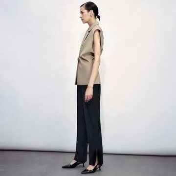 URBAN REVIVO Womens Sleeveless Blazer Vest V Neck Summer Casual Waistcoat Lapel Collar Button Up Tops for Women Khaki, X-Small