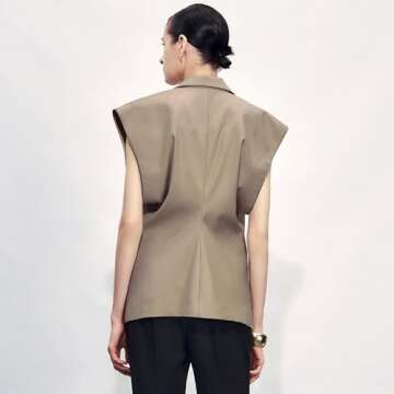 URBAN REVIVO Womens Sleeveless Blazer Vest V Neck Summer Casual Waistcoat Lapel Collar Button Up Tops for Women Khaki, X-Small