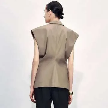 URBAN REVIVO Womens Sleeveless Blazer Vest V Neck Summer Casual Waistcoat Lapel Collar Button Up Tops for Women Khaki, X-Small