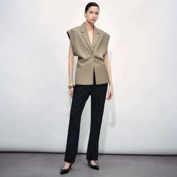 URBAN REVIVO Womens Sleeveless Blazer Vest V Neck Summer Casual Waistcoat Lapel Collar Button Up Tops for Women Khaki, X-Small