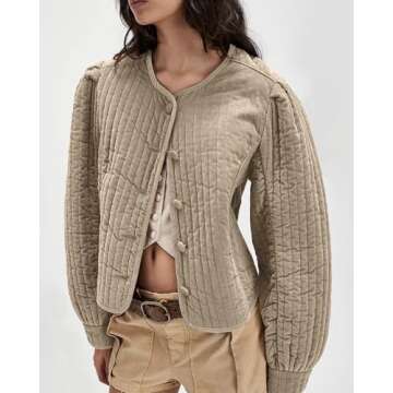 Locachy Women's Vintage Crew Neck Quilted Puffer Jacket Button Down Padded Cropped Fall Winter Outerwear Coat Khaki S