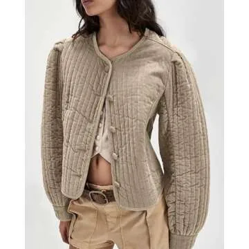 Locachy Women's Vintage Crew Neck Quilted Puffer Jacket