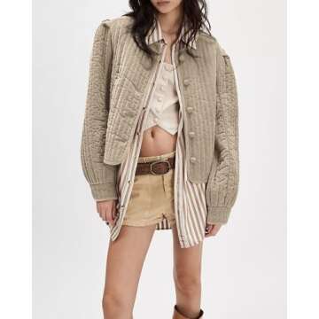 Locachy Women's Vintage Crew Neck Quilted Puffer Jacket Button Down Padded Cropped Fall Winter Outerwear Coat Khaki S