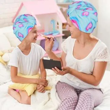 Basumee Microfiber Hair Towel Wrap for Kids 2 Pack Rapid Drying Hair Towel with Button Hair Turbans for Wet Hair Wraps Head Towel Wrap for Women and Girls, Pink Green Hearts