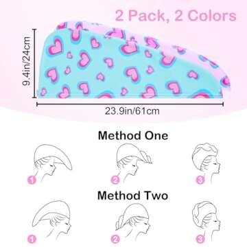Basumee Microfiber Hair Towel Wrap for Kids 2 Pack Rapid Drying Hair Towel with Button Hair Turbans for Wet Hair Wraps Head Towel Wrap for Women and Girls, Pink Green Hearts